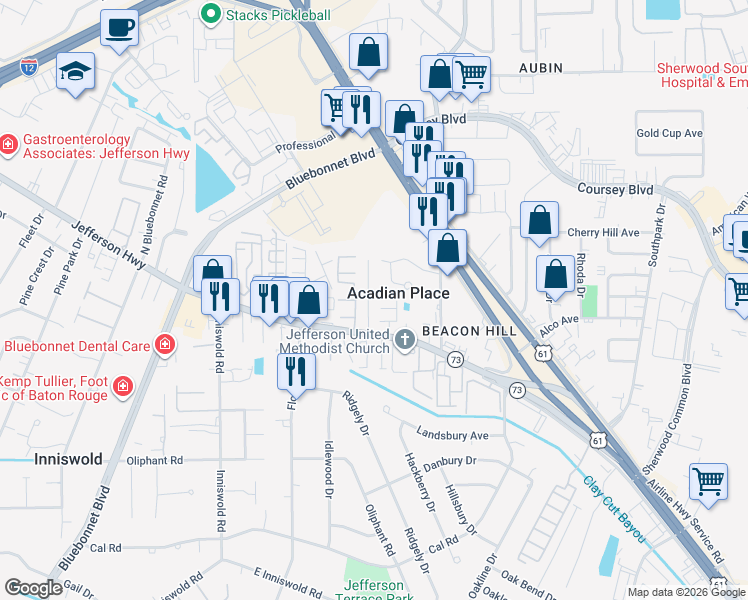 map of restaurants, bars, coffee shops, grocery stores, and more near 10103 Jefferson Highway in Baton Rouge