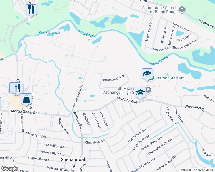 map of restaurants, bars, coffee shops, grocery stores, and more near 17663 Gray Moss Avenue in Baton Rouge