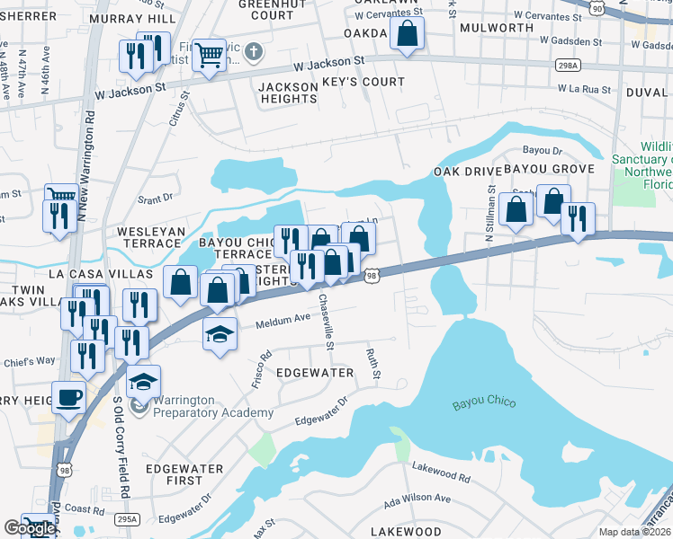 map of restaurants, bars, coffee shops, grocery stores, and more near 3726 West Navy Boulevard in Pensacola