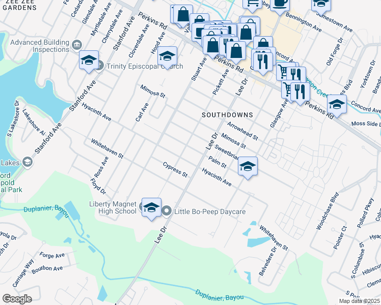 map of restaurants, bars, coffee shops, grocery stores, and more near 4465 Palm Street in Baton Rouge