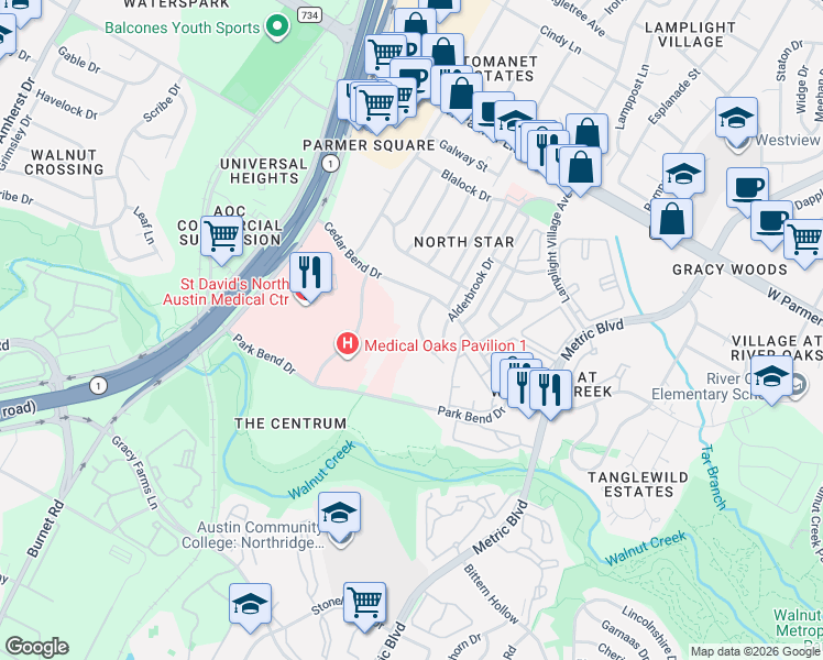 map of restaurants, bars, coffee shops, grocery stores, and more near 12222 Tyson Cove in Austin