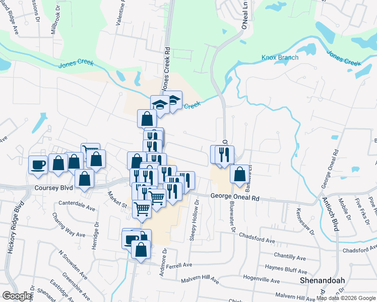 map of restaurants, bars, coffee shops, grocery stores, and more near 15454 Springwood Avenue in Baton Rouge