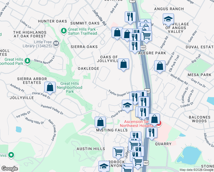 map of restaurants, bars, coffee shops, grocery stores, and more near 11316 Jollyville Road in Austin