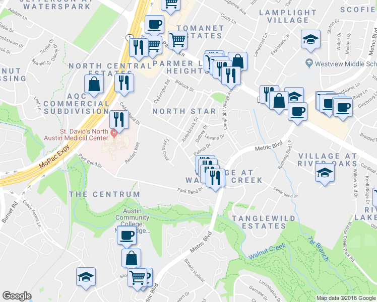 map of restaurants, bars, coffee shops, grocery stores, and more near 2112 Cedar Bend Drive in Austin
