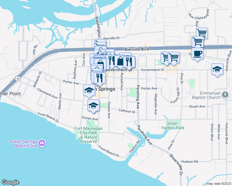 map of restaurants, bars, coffee shops, grocery stores, and more near 503 Minor Lane in Ocean Springs