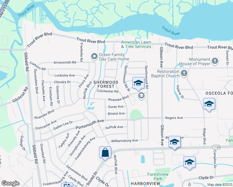 map of restaurants, bars, coffee shops, grocery stores, and more near 4614 Colchester Road in Jacksonville