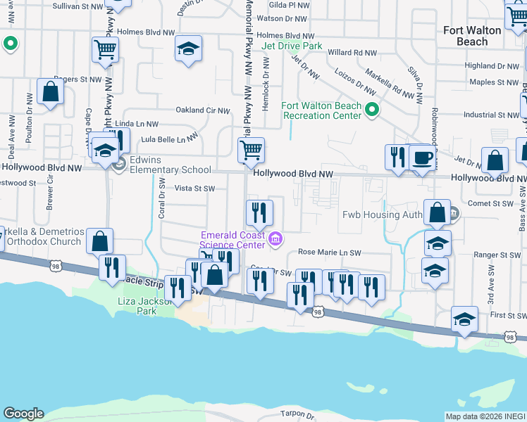 map of restaurants, bars, coffee shops, grocery stores, and more near 233 Deluna Road Southwest in Fort Walton Beach