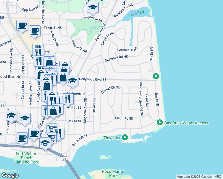 map of restaurants, bars, coffee shops, grocery stores, and more near 46 Waynel Circle Southeast in Fort Walton Beach