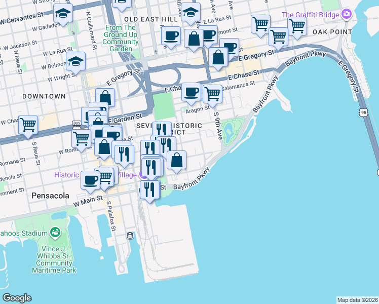 map of restaurants, bars, coffee shops, grocery stores, and more near 518 East Government Street in Pensacola