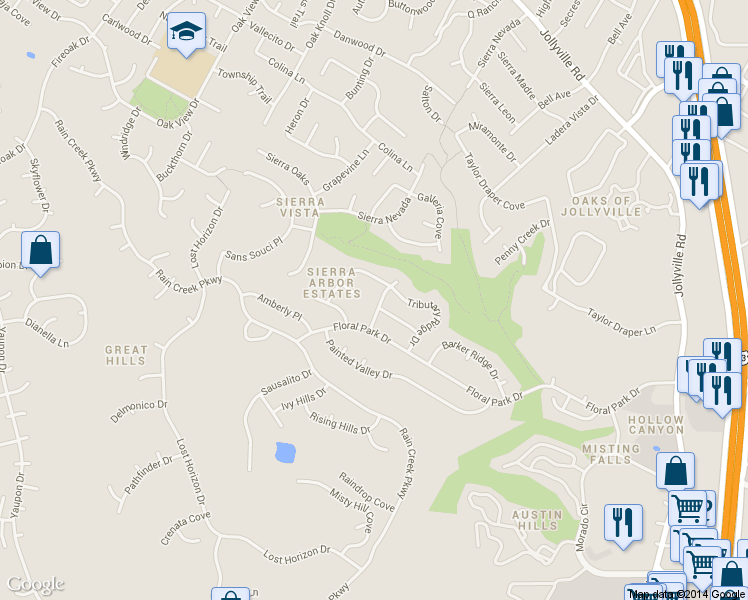 map of restaurants, bars, coffee shops, grocery stores, and more near 10700 Bull Ridge Drive in Austin