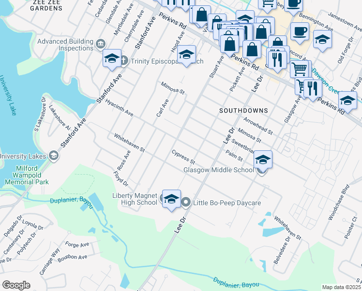 map of restaurants, bars, coffee shops, grocery stores, and more near 4240 Hyacinth Avenue in Baton Rouge