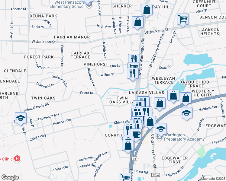 map of restaurants, bars, coffee shops, grocery stores, and more near 4600 Twin Oaks Drive in Pensacola