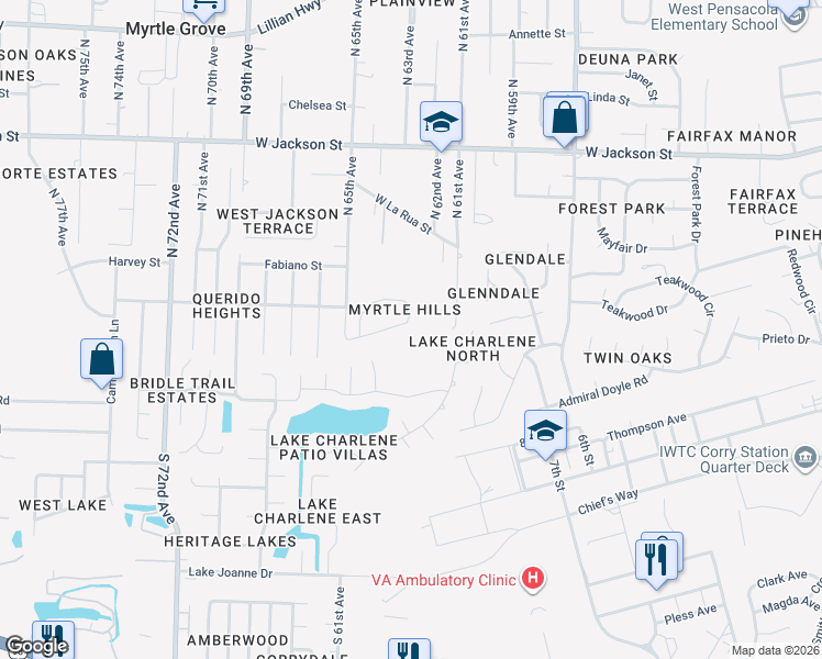 map of restaurants, bars, coffee shops, grocery stores, and more near 6442 Myrtle Hill Circle in Pensacola