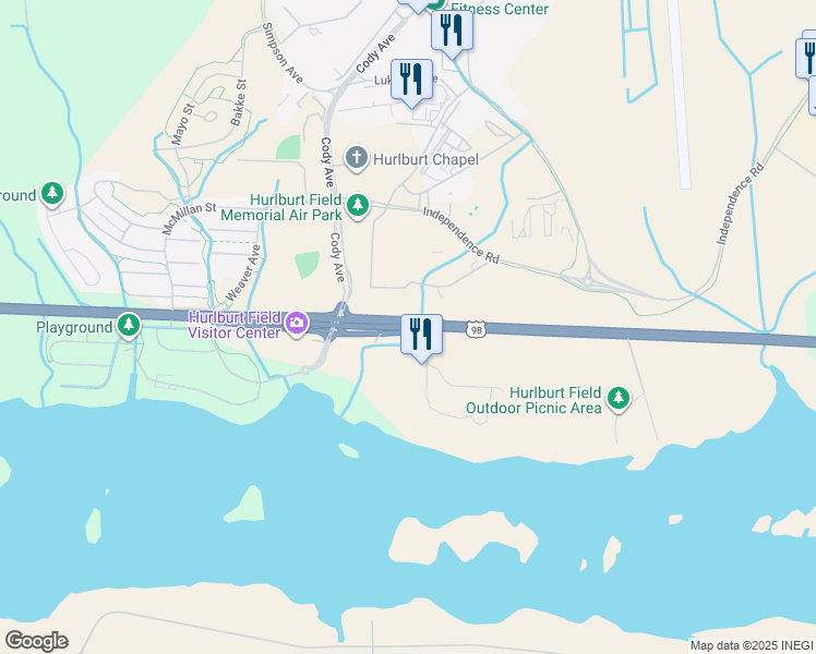 map of restaurants, bars, coffee shops, grocery stores, and more near US Highway 98 in Hurlburt Field