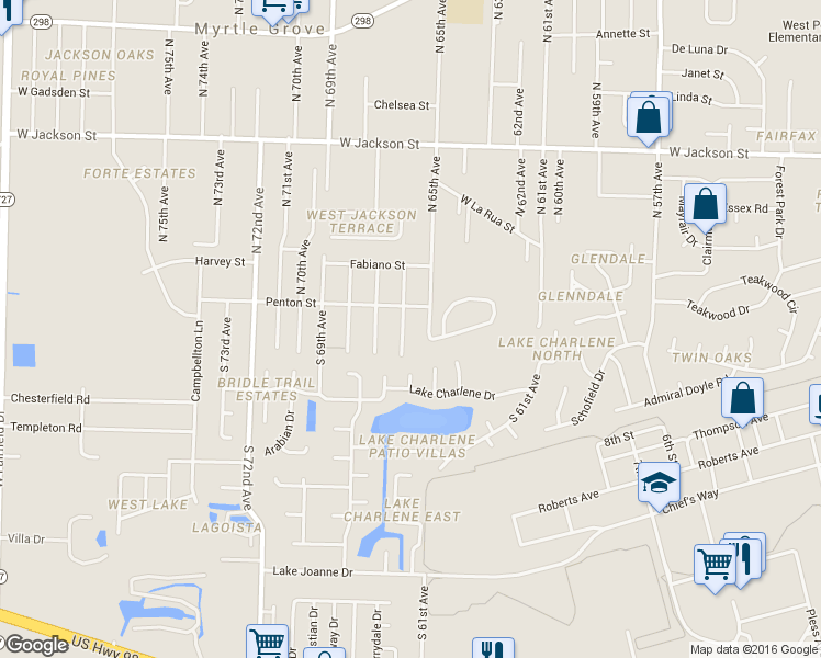map of restaurants, bars, coffee shops, grocery stores, and more near 48 South 66th Avenue in Pensacola
