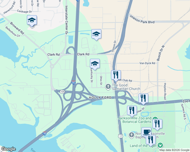 map of restaurants, bars, coffee shops, grocery stores, and more near 9460 Indiana Avenue in Jacksonville