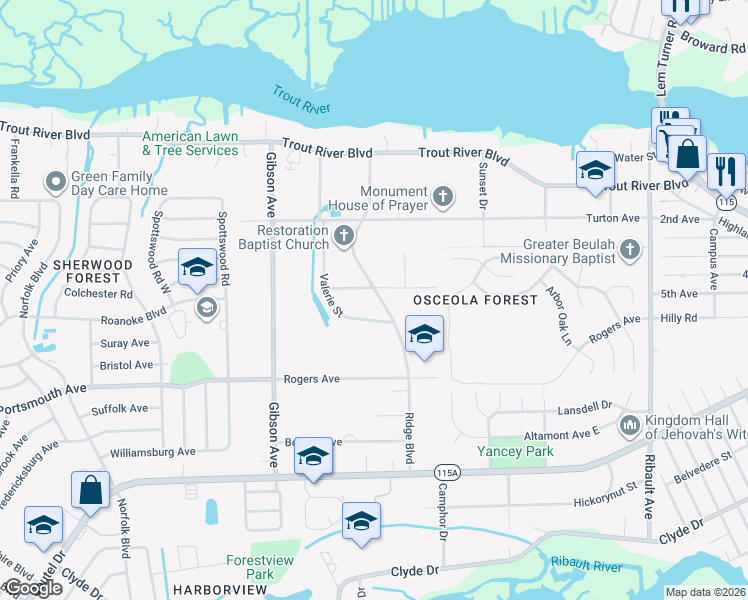 map of restaurants, bars, coffee shops, grocery stores, and more near 9564 Ridge Boulevard in Jacksonville