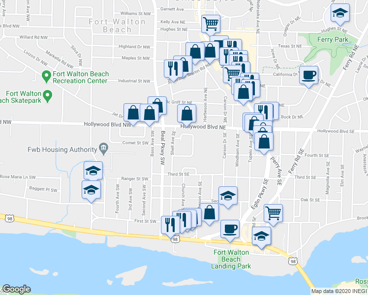 map of restaurants, bars, coffee shops, grocery stores, and more near 17 Shell Avenue Southeast in Mary Esther