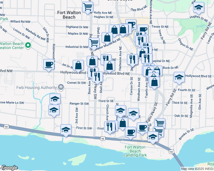 map of restaurants, bars, coffee shops, grocery stores, and more near 17 Shell Avenue Southeast in Mary Esther