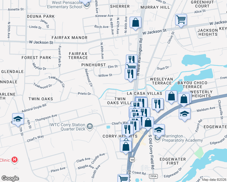 map of restaurants, bars, coffee shops, grocery stores, and more near Bradford Drive in Pensacola