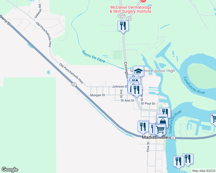 map of restaurants, bars, coffee shops, grocery stores, and more near 405 Johnson Street in Madisonville