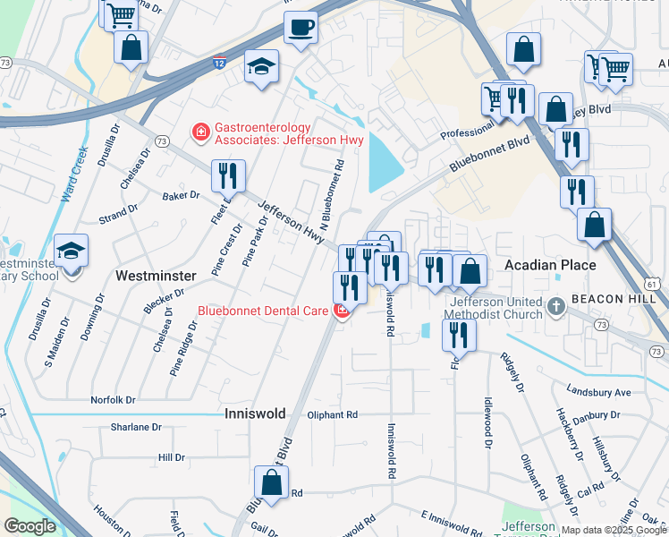 map of restaurants, bars, coffee shops, grocery stores, and more near 9456 Jefferson Highway in Baton Rouge