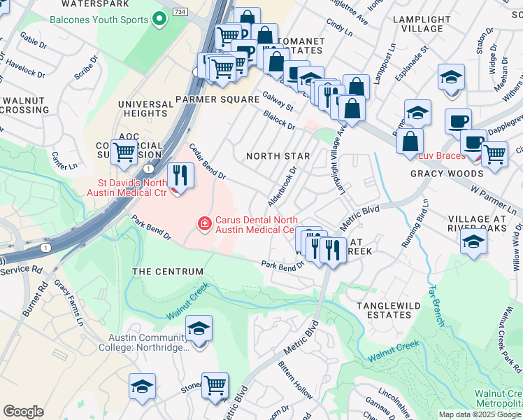 map of restaurants, bars, coffee shops, grocery stores, and more near 12208A Alderbrook Drive in Austin