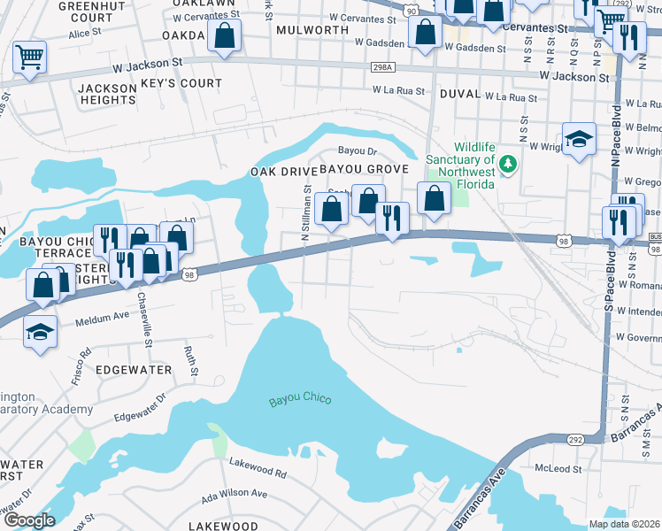 map of restaurants, bars, coffee shops, grocery stores, and more near 3311 Reymarde Street in Pensacola