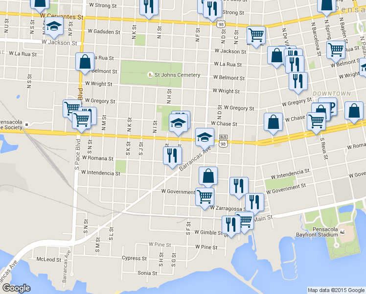 map of restaurants, bars, coffee shops, grocery stores, and more near 52 S G St in Pensacola