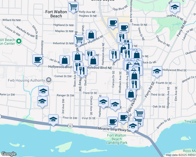 map of restaurants, bars, coffee shops, grocery stores, and more near 23 Park Circle Southeast in Fort Walton Beach