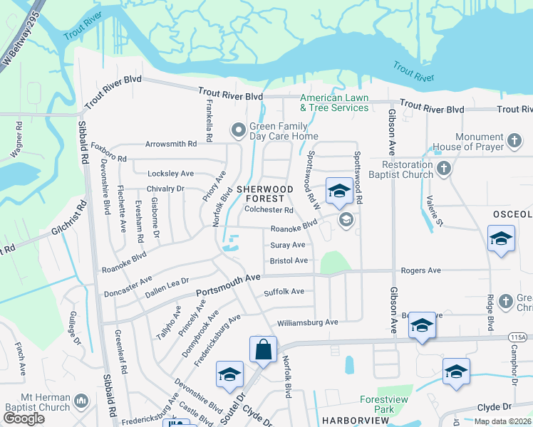map of restaurants, bars, coffee shops, grocery stores, and more near 4672 Colchester Road in Jacksonville