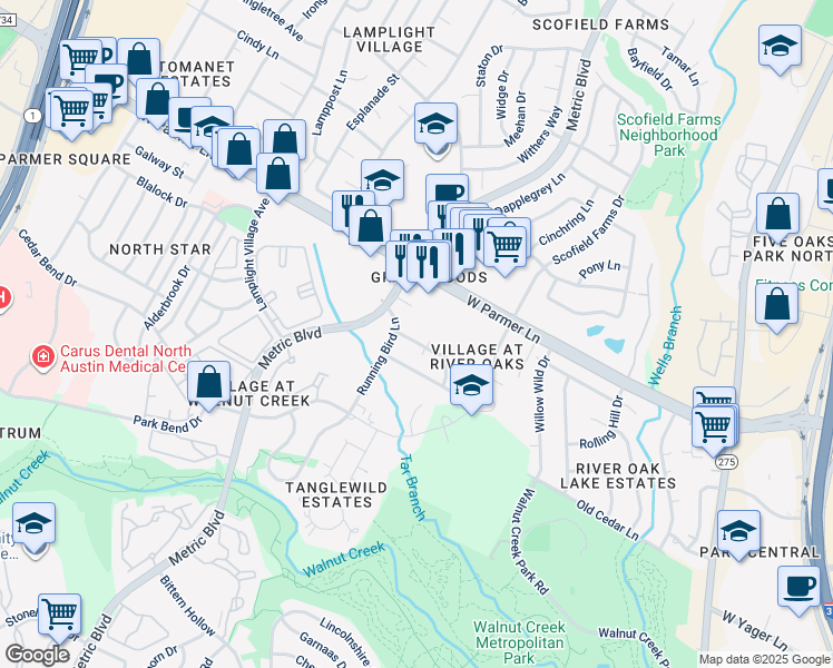 map of restaurants, bars, coffee shops, grocery stores, and more near 1710 Shadowview Drive in Austin