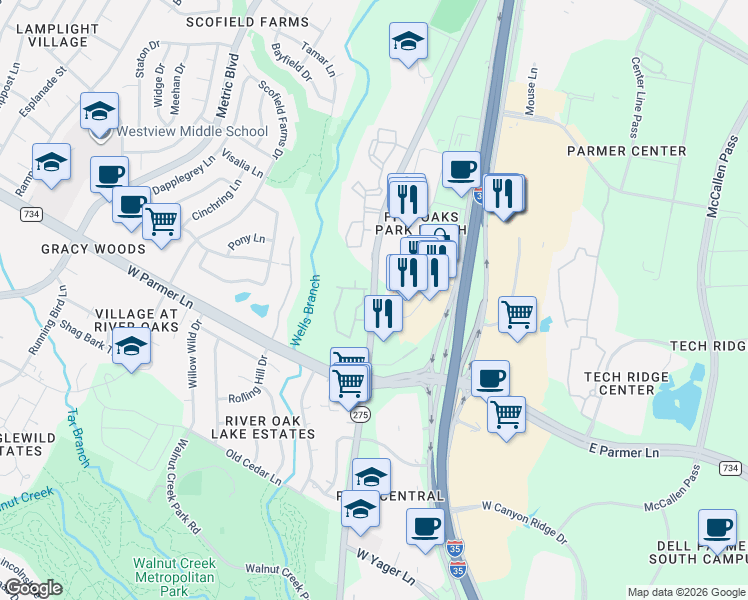 map of restaurants, bars, coffee shops, grocery stores, and more near 13435 North Lamar Boulevard in Austin