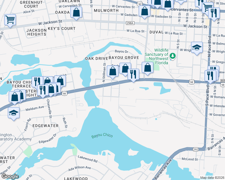 map of restaurants, bars, coffee shops, grocery stores, and more near 3313 Reymarde Street in Pensacola