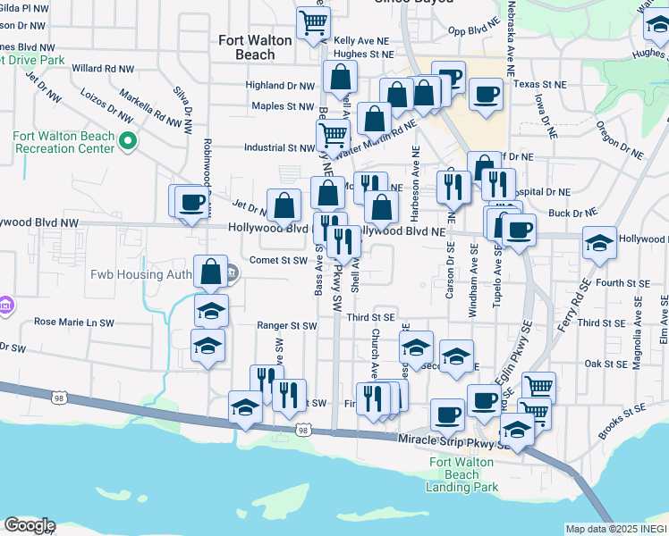 map of restaurants, bars, coffee shops, grocery stores, and more near 59 Beal Parkway Southwest in Fort Walton Beach
