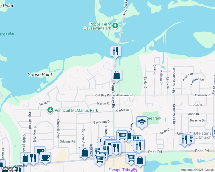 map of restaurants, bars, coffee shops, grocery stores, and more near 425 Babineaux Place in Biloxi