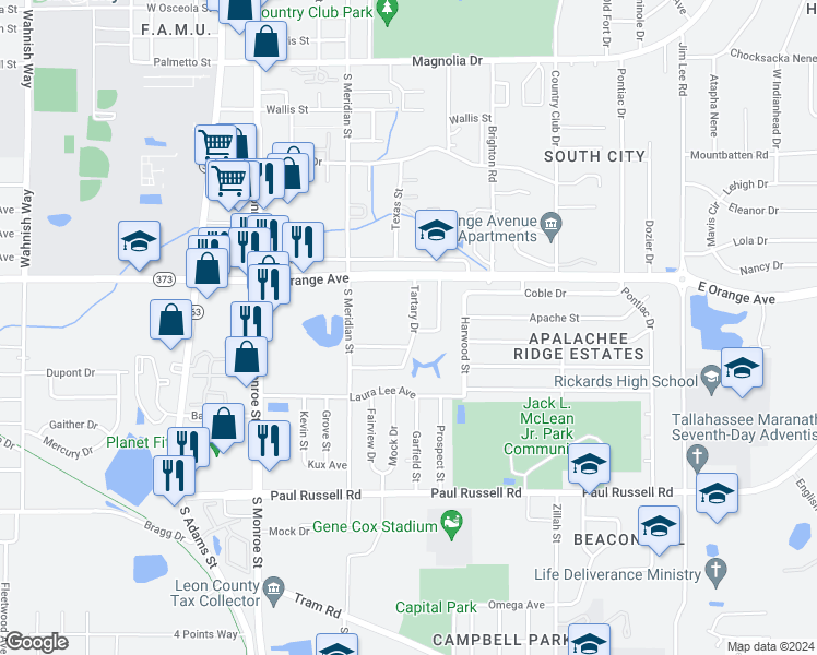 map of restaurants, bars, coffee shops, grocery stores, and more near 2820 Tartary Drive in Tallahassee