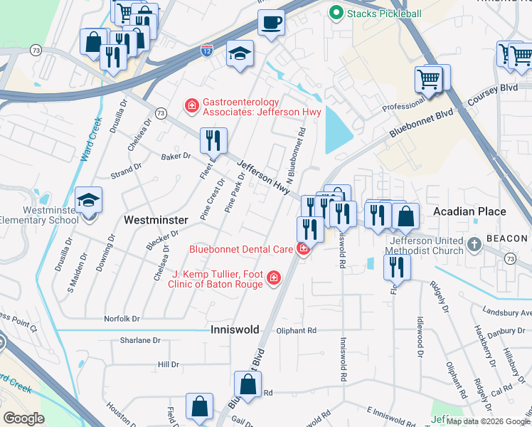 map of restaurants, bars, coffee shops, grocery stores, and more near 4333 French Village Ave in Baton Rouge