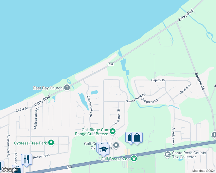 map of restaurants, bars, coffee shops, grocery stores, and more near 5636 United Court in Gulf Breeze