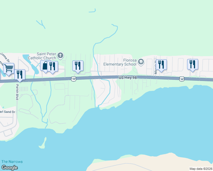 map of restaurants, bars, coffee shops, grocery stores, and more near 9 Neptune Drive in Mary Esther