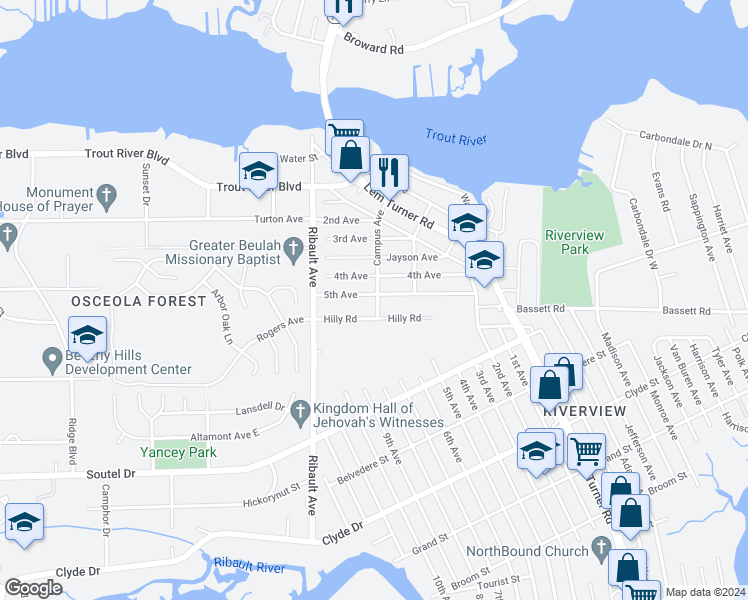 map of restaurants, bars, coffee shops, grocery stores, and more near 2304 5th Avenue in Jacksonville