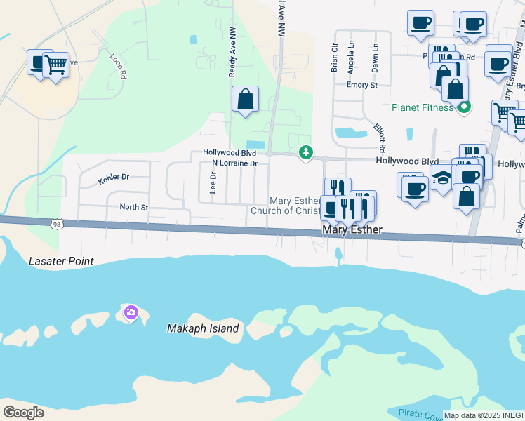 map of restaurants, bars, coffee shops, grocery stores, and more near 131 Anderson Drive in Mary Esther