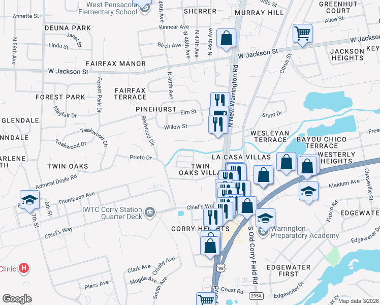 map of restaurants, bars, coffee shops, grocery stores, and more near Bradford Drive in Pensacola