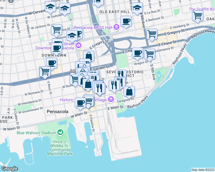 map of restaurants, bars, coffee shops, grocery stores, and more near 113 Calle De Santiago in Pensacola
