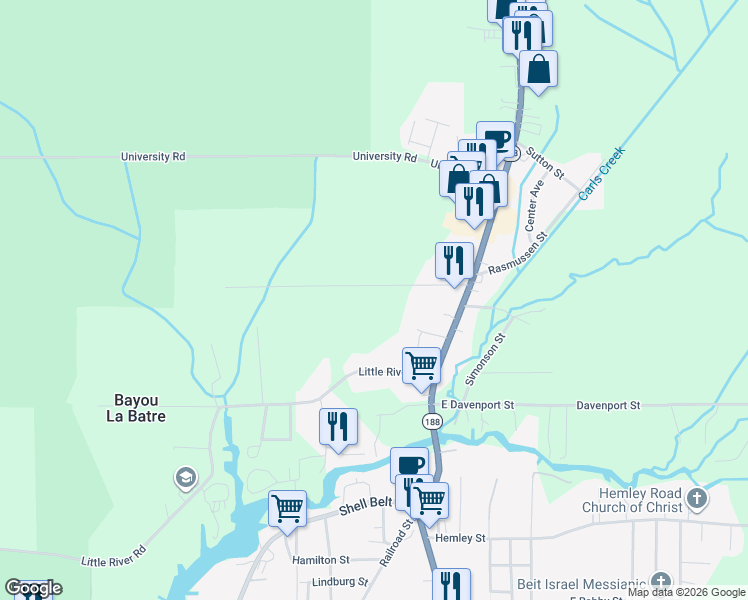 map of restaurants, bars, coffee shops, grocery stores, and more near 8845 Downey Street in Bayou La Batre