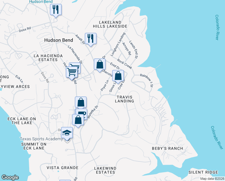 map of restaurants, bars, coffee shops, grocery stores, and more near 5107 Sioux Lane in Austin