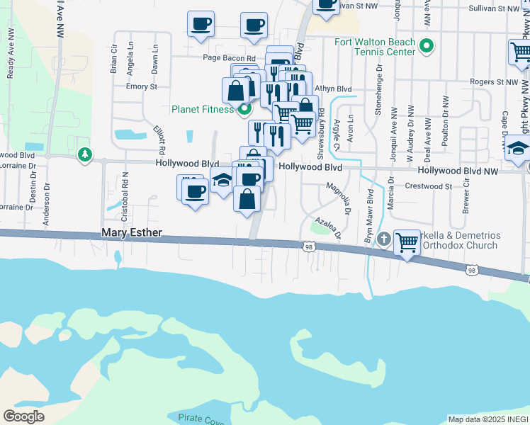 map of restaurants, bars, coffee shops, grocery stores, and more near 151 Mary Esther Boulevard in Shalimar