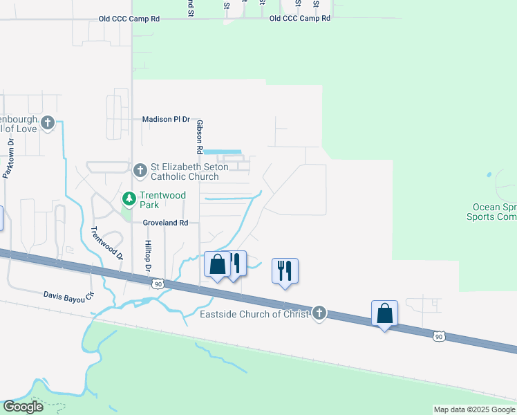 map of restaurants, bars, coffee shops, grocery stores, and more near 31 Lakeview Drive in Ocean Springs