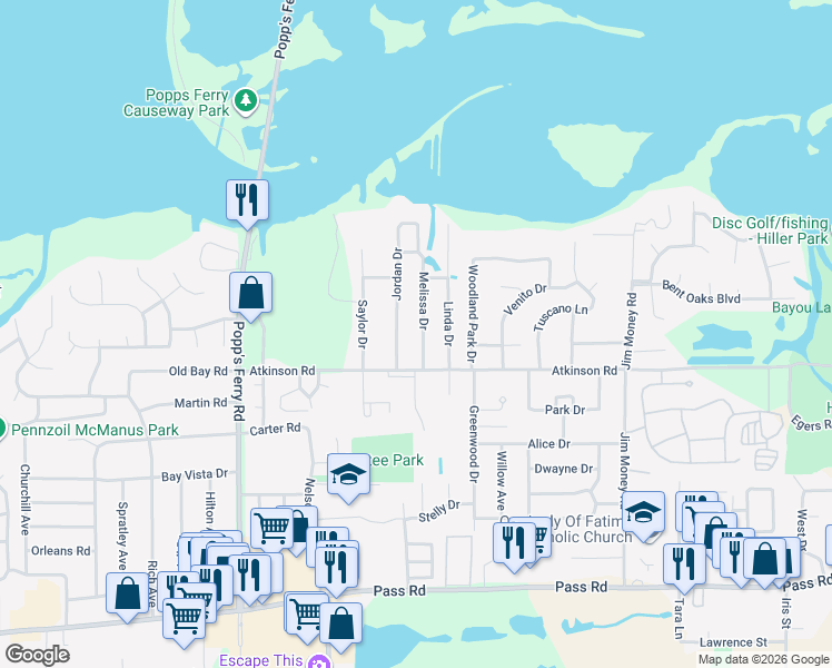 map of restaurants, bars, coffee shops, grocery stores, and more near 417 Melissa Drive in Biloxi