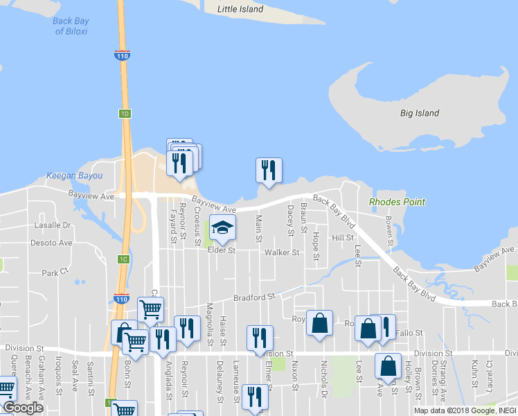 map of restaurants, bars, coffee shops, grocery stores, and more near Bayview Avenue in Biloxi